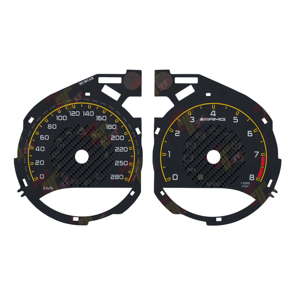 Mercedes C Class C63 C200L GLC260 AMG Gauge Face Carbon Fiber, 280KM/H Yellow